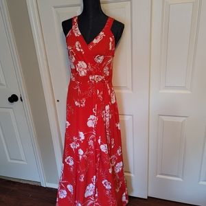 Red and white floral print dress